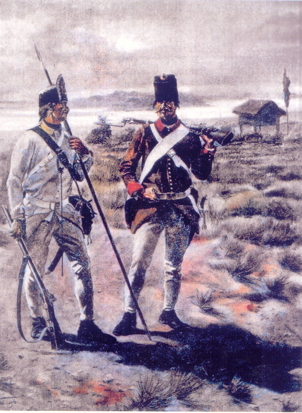 Solda'ii gr[niceri ai Regimentului germano-b[n['ean de Grani'[, secolul al XVIII-lea (colec'ia Muzeului din Panciova)